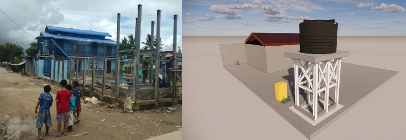 The water tower under construction near the school building. The well is 140m deep underground to provide clean water supply.